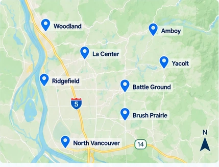 Illustrated service-area map showing Woodland, La Center, Yacolt, Amboy, Ridgefield, Battle Ground, Brush Prairie and North Vancouver