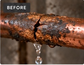Before: corroded, cracked copper pipe leaking water