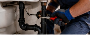 Plumber working on drain pipes underneath a sink