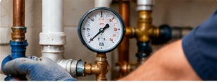 Water pressure gauge mounted on plumbing pipes