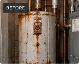 Before: rusty older water heater and piping